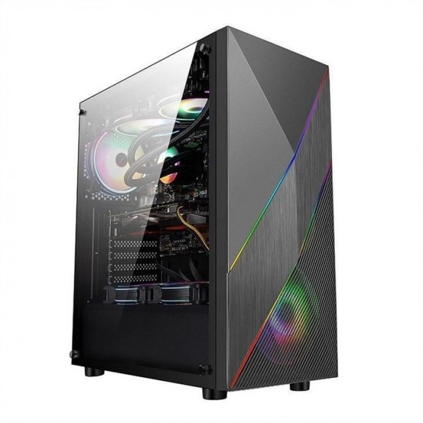 ETEK - PC Mid Tower Case Painel frontal irregular e de malha com faixa de LED ARGB, Painel lateral de vidro temperado, painel superior de I / O