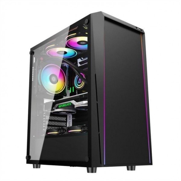 ETEK - Caixa de computador de mesa Lâmina de LED ARGB no painel frontal, vidro temperado no painel lateral Painel superior de entrada/saída