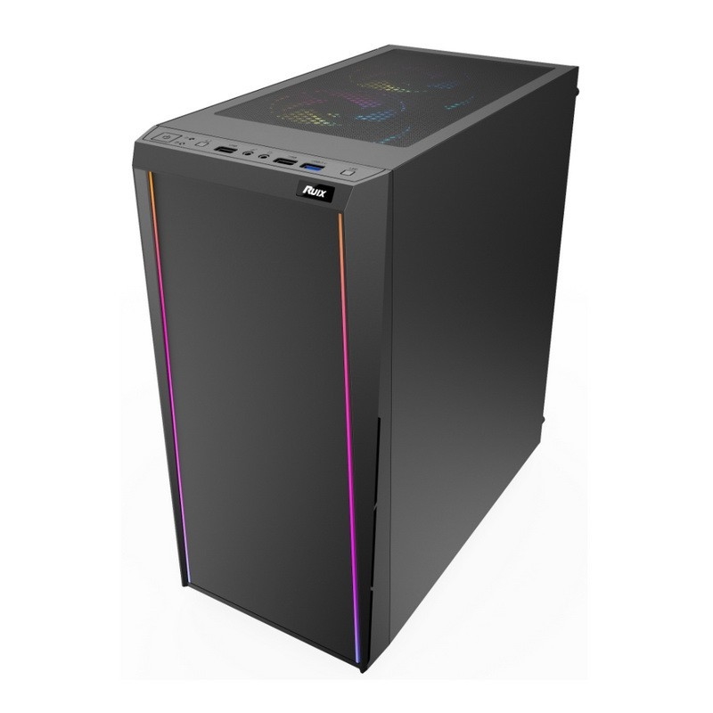 ETEK - Caixa de computador de mesa Lâmina de LED ARGB no painel frontal, vidro temperado no painel lateral Painel superior de entrada/saída