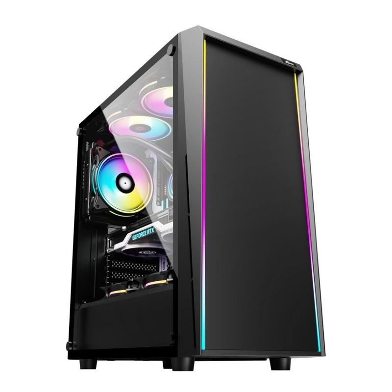 ETEK - Caixa de computador de mesa Lâmina de LED ARGB no painel frontal, vidro temperado no painel lateral Painel superior de entrada/saída