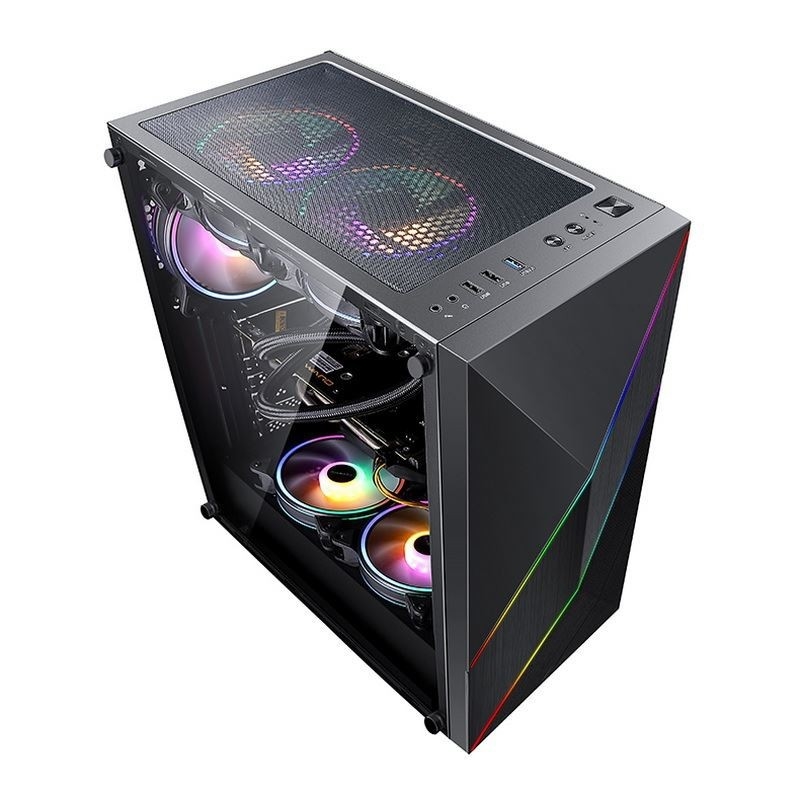 ETEK - PC Mid Tower Case Painel frontal irregular e de malha com faixa de LED ARGB, Painel lateral de vidro temperado, painel superior de I / O