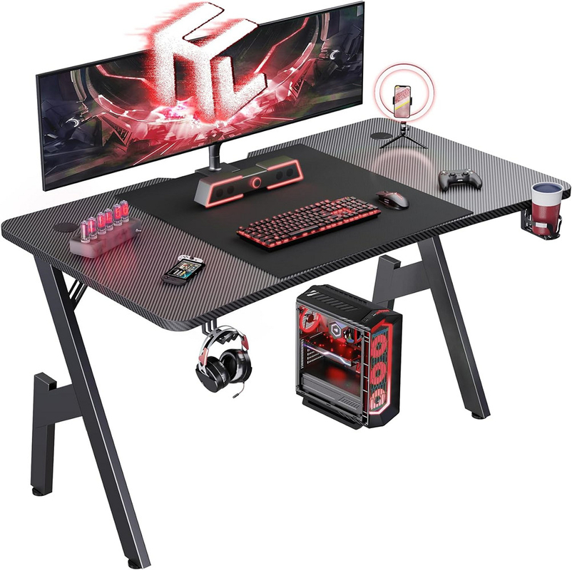 Mesa de jogos ergonômica com placa de partículas de 1,2 cm e cobertura de fibra de carbono com suporte de copos e fones de ouvido