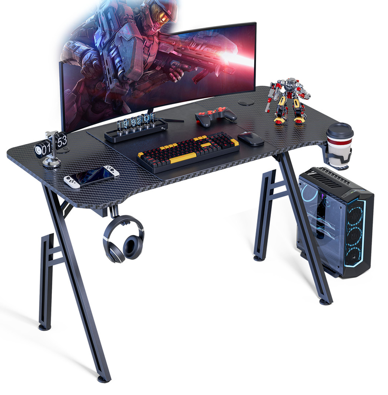 Mesa de jogos ergonômica com placa de partículas de 1,2 cm e cobertura de fibra de carbono com suporte de copos e fones de ouvido