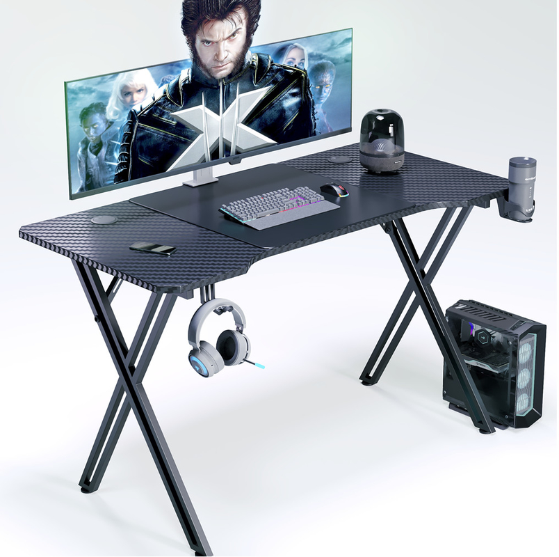 Mesa de jogos ergonômica com placa de partículas de 1,2 cm e cobertura de fibra de carbono com suporte de copos e fones de ouvido