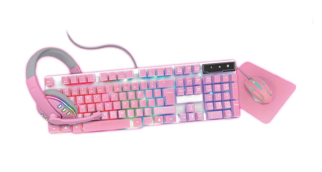 Compacto teclado de jogo leve todo-rosa com luz estática de arco-íris, além de fones de ouvido cor-de-rosa com mouse e mouse pa.