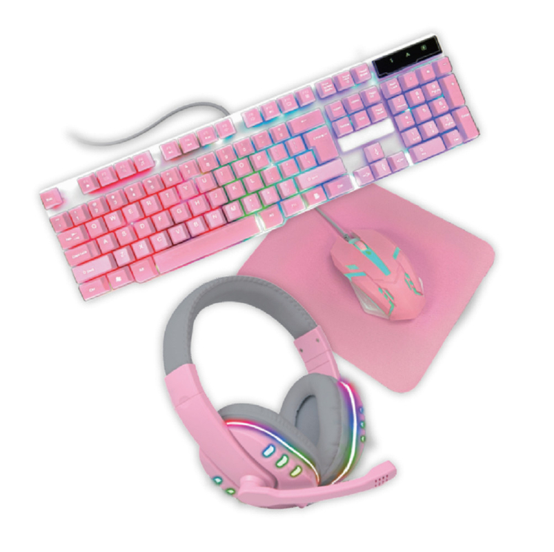 Compacto teclado de jogo leve todo-rosa com luz estática de arco-íris, além de fones de ouvido cor-de-rosa com mouse e mouse pa.