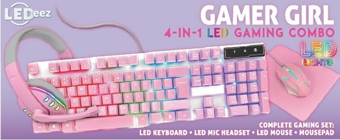 Compacto teclado de jogo leve todo-rosa com luz estática de arco-íris, além de fones de ouvido cor-de-rosa com mouse e mouse pa.