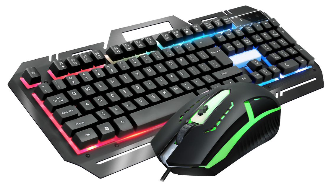 teclado de jogos de metal com 104 teclas FN + F1-F12 funções LED de luz de fundo mouse de jogos com DPI ajustável (500-1500) Iluminação RGB