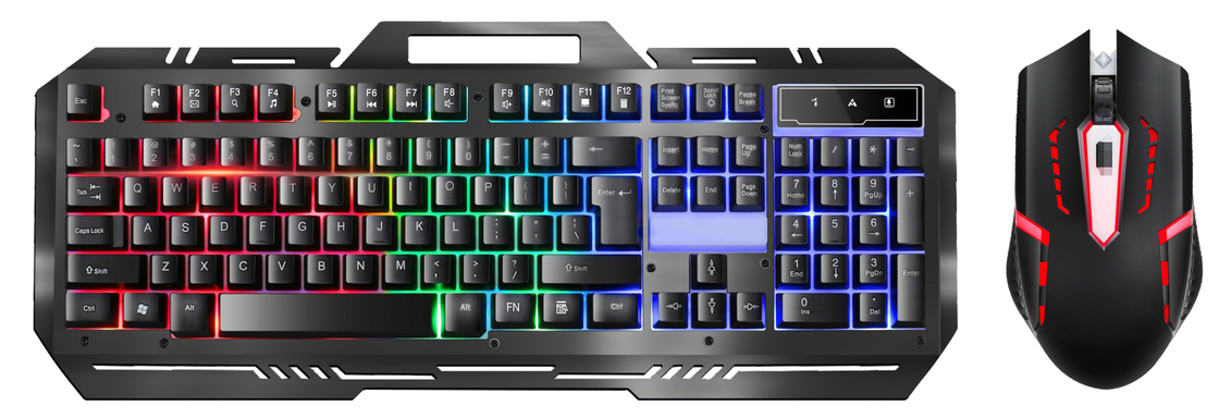 teclado de jogos de metal com 104 teclas FN + F1-F12 funções LED de luz de fundo mouse de jogos com DPI ajustável (500-1500) Iluminação RGB