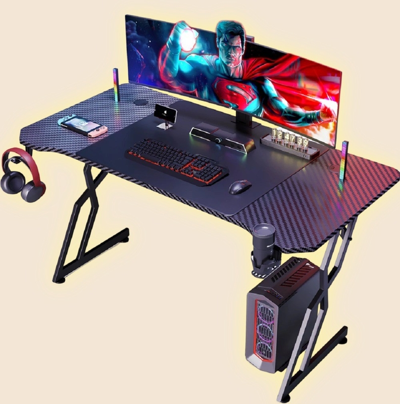 Escritório de computador de fibra de carbono de design ergonômico com placa de partículas de 1,2 cm e cobertura de fibra de carbono com porta-copos e fones de ouvido