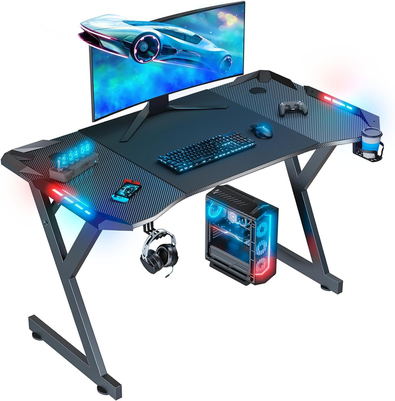 Mesa de jogos com design ergonômico acabamento de fibra de carbono luzes LED acessórios convenientes para espaços de vida ou gamers