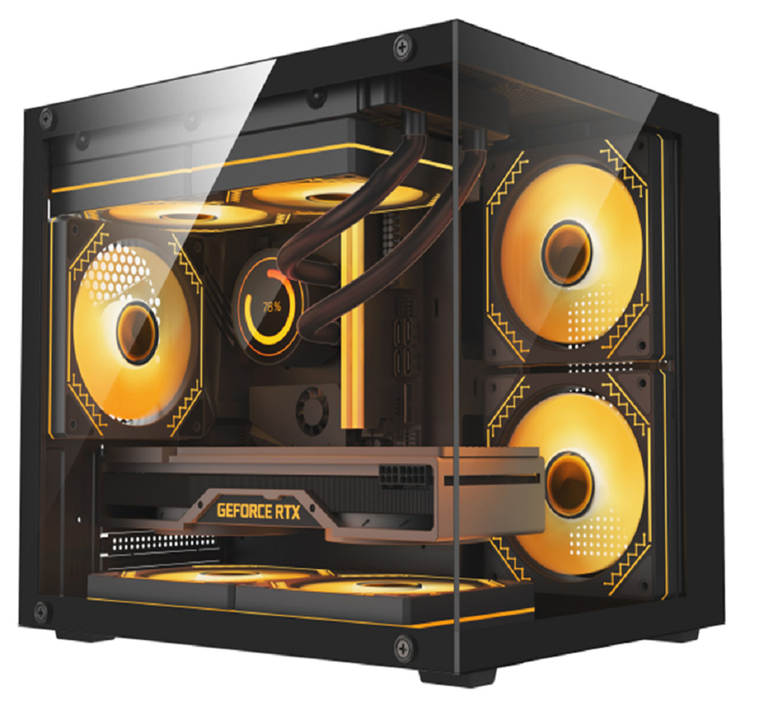 Design compacto inclui 1 HDD e 2 SSD 0.35mm SPCC aço 3 x 12cm Ventiladores e painéis de vidro na esquerda e na frente