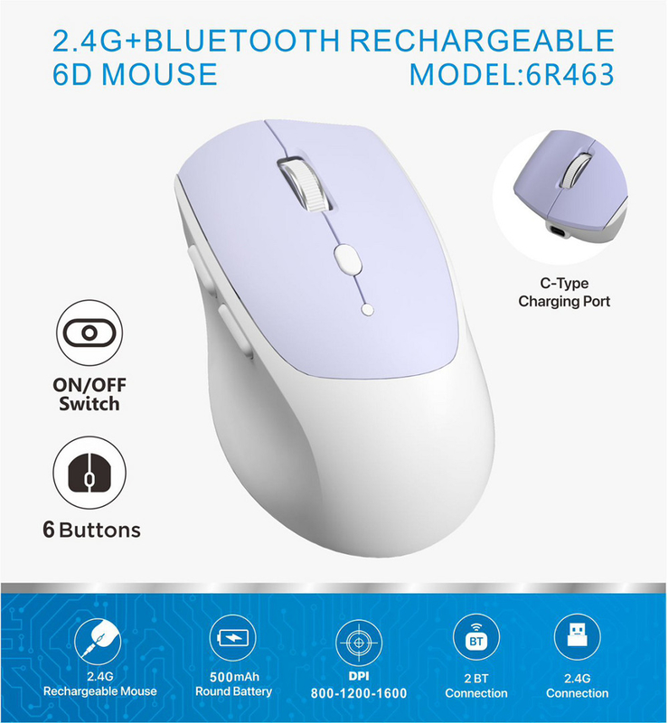 6D, conexão 2.4G, 800-1600 DPI, bateria redonda de 500mAh, interface Tipo-C. Ideal para funcionários de escritório, gamers