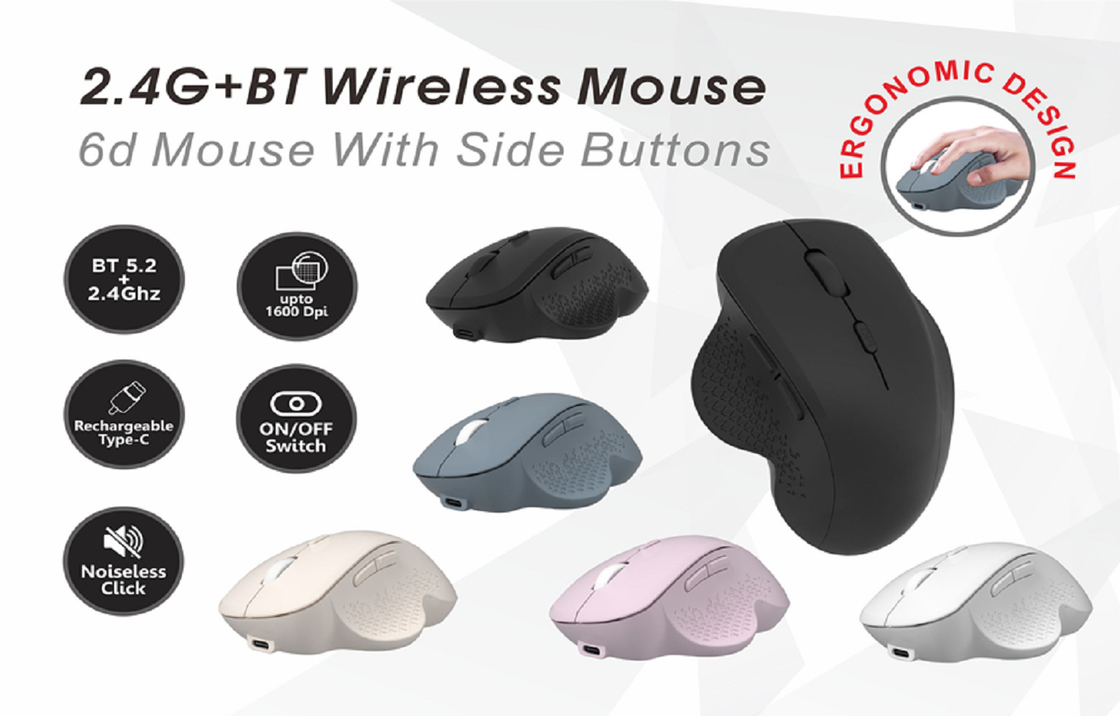 Rato 6D com botões laterais,2.4G, Bluetooth 5.2Design ergonômico, até 1600 DPI, Clique sem ruído, para funcionários de escritório, designers, gamers