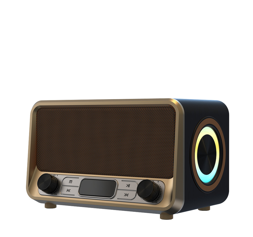 Multifuncional alto-falante sem fio Construção de madeira e metal Bluetooth 5.0 USB TF AUX TWS FM Rádio RGB Luzes LED LED Display