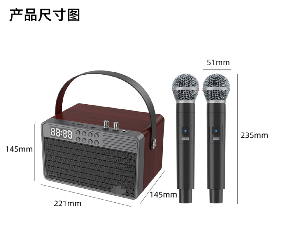 Suporta Bluetooth AUX TF Card U Disk FM Rádio Microfone sem fio Madeira ABS Material de malha de ferro Bateria de 2400mAh