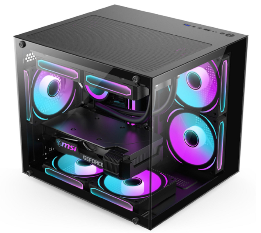 Caixa de computador de design panorâmico 0.35mm SPCC aço 5 x 12cm Ventiladores painéis de vidro à esquerda e na frente para jogadores usuários de escritório e entusiastas de bricolage.