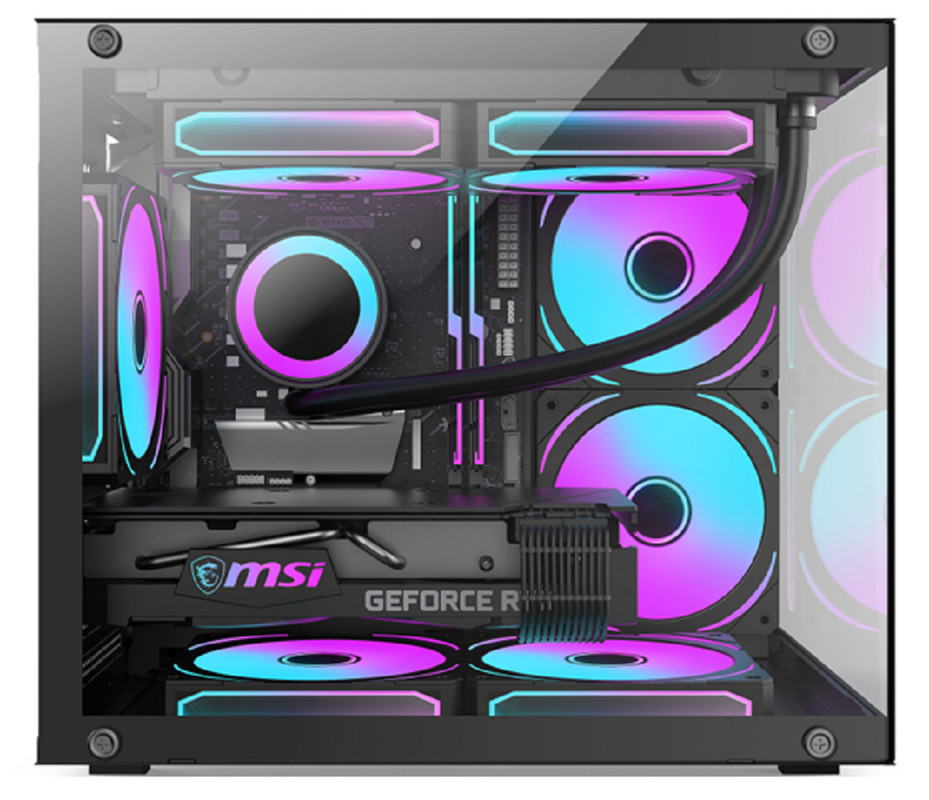 Caixa de computador de design panorâmico 0.35mm SPCC aço 5 x 12cm Ventiladores painéis de vidro à esquerda e na frente para jogadores usuários de escritório e entusiastas de bricolage.
