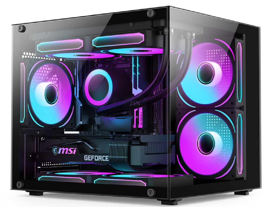 Caixa de computador de design panorâmico 0.35mm SPCC aço 5 x 12cm Ventiladores painéis de vidro à esquerda e na frente para jogadores usuários de escritório e entusiastas de bricolage.
