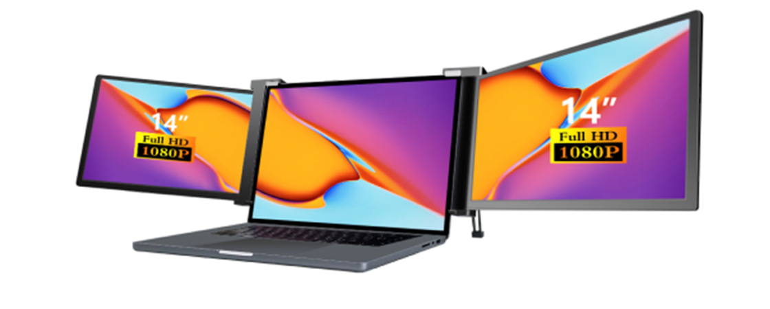 Dois monitores de laptop panorâmicos de 14 polegadas Configuração de três telas com ecrã fino de 25,3 mm Full HD IPS 16/9 Aspect Ratio