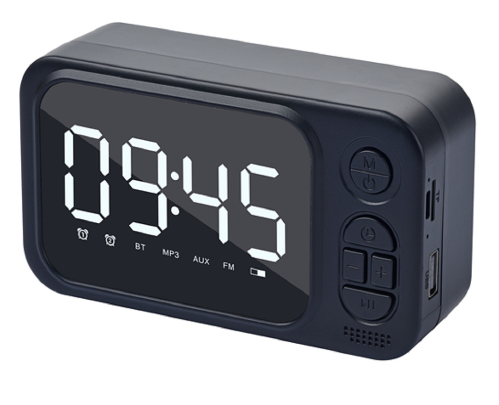 Alto-falante de 52 mm, saída RMS de 3 W, suporta Bluetooth, AUX, cartão TF, USB, rádio FM e relógio.
