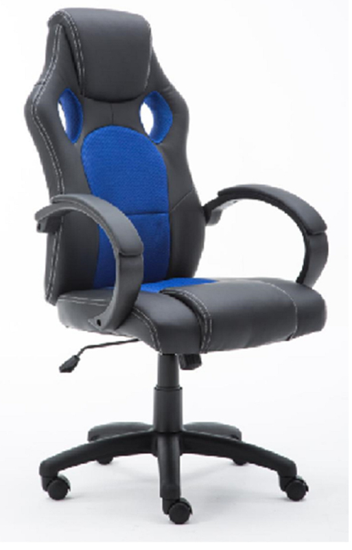 Cadeira Gamer com Base de Nylon 320mm e Rodízios, Pistão a Gás Pintado de 100mm, Apoio de Braço de Nylon com Estofamento em PU, PU Preto + Tela Azul