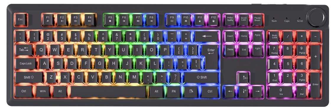 teclado com fio de 104 teclas multimídia teclas FN Rainbow Light ABS + teclados pretos + membrana de prata 510g corpo leve