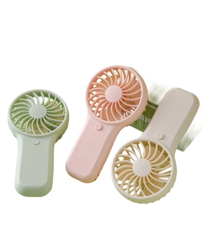 Ventilador portátil de mão com bateria AA, 2W de potência, 3V de voltagem, modo de velocidade única, inclui cordão, branco, verde, rosa