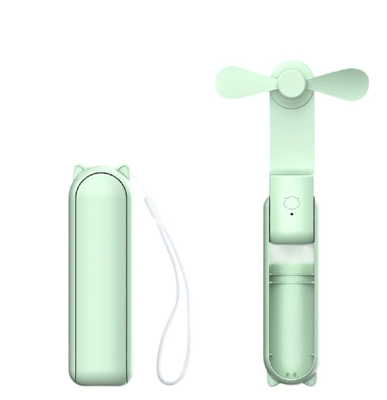 Ventilador ABS verde com componentes eletrônicos, bateria de 1200mAh (autonomia de 7-10H), ajuste de 3 velocidades, saída de 5W, design leve de 132g