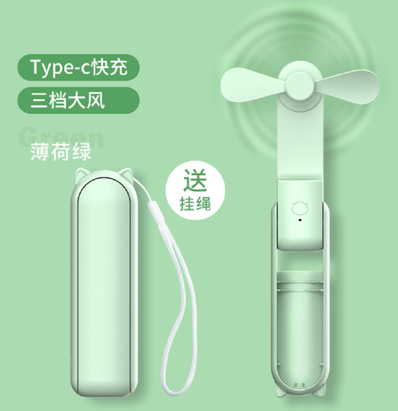 Ventilador ABS verde com componentes eletrônicos, bateria de 1200mAh (autonomia de 7-10H), ajuste de 3 velocidades, saída de 5W, design leve de 132g