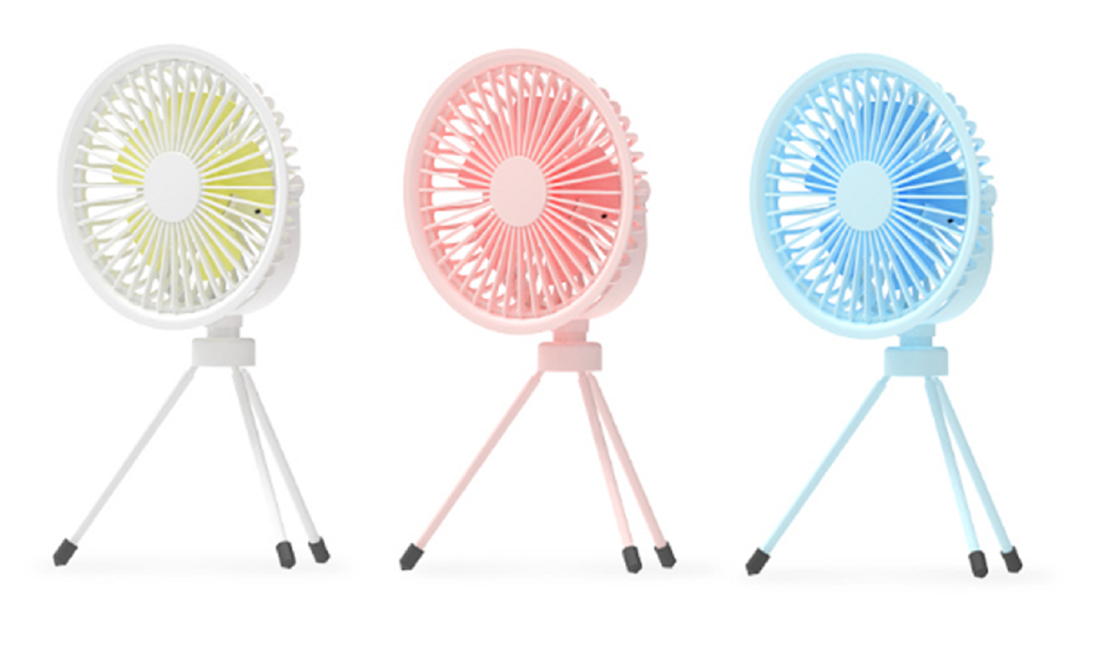 ETEK 3-em-1 Ventilador portátil (Pink/Blue/White), bateria de 2000mAh (4H de carga), material ABS+PP+Aço, trípode/suspensão/handheld 3 modos
