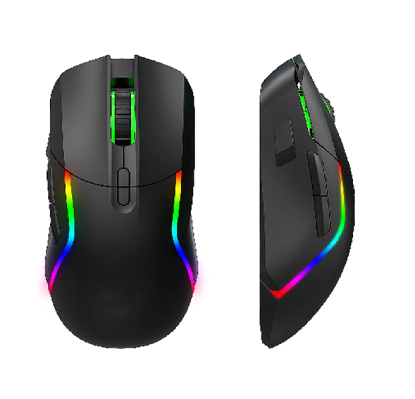 Este mouse de jogos RGB sem fios 2.4G + Bluetooth com 8 botões, ajuste de 1200-3200DPI,3Bateria de 0,7 V/600 mA