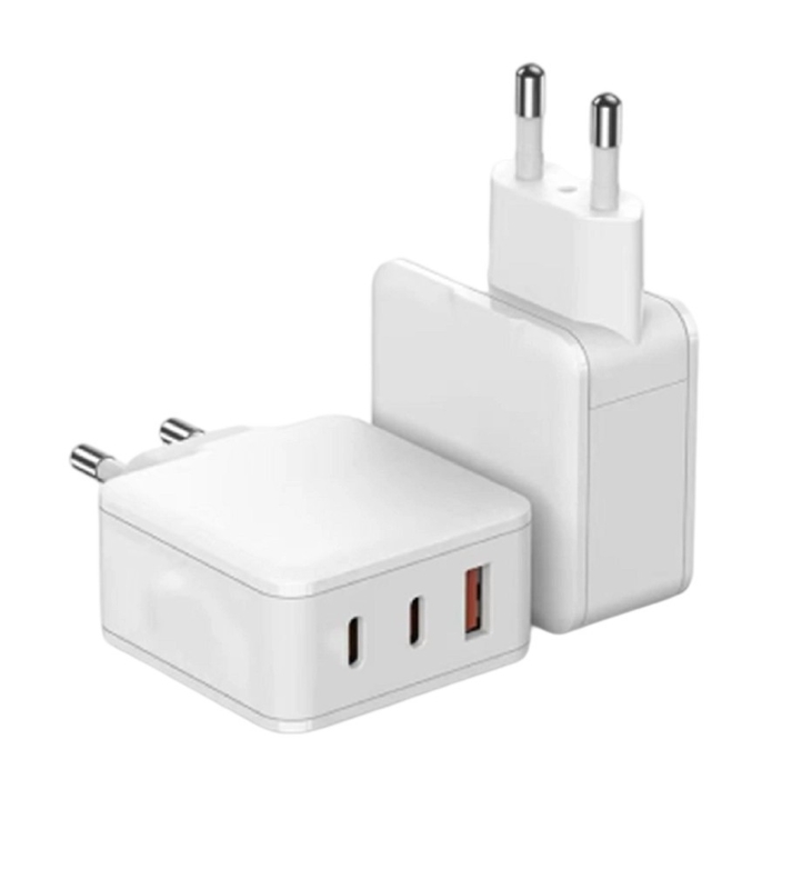 Carregador GaN Tri-portas com Saída Máxima de 65W Protocolos PD/QC Alocação Inteligente de Energia 110-240V Preto / Branco