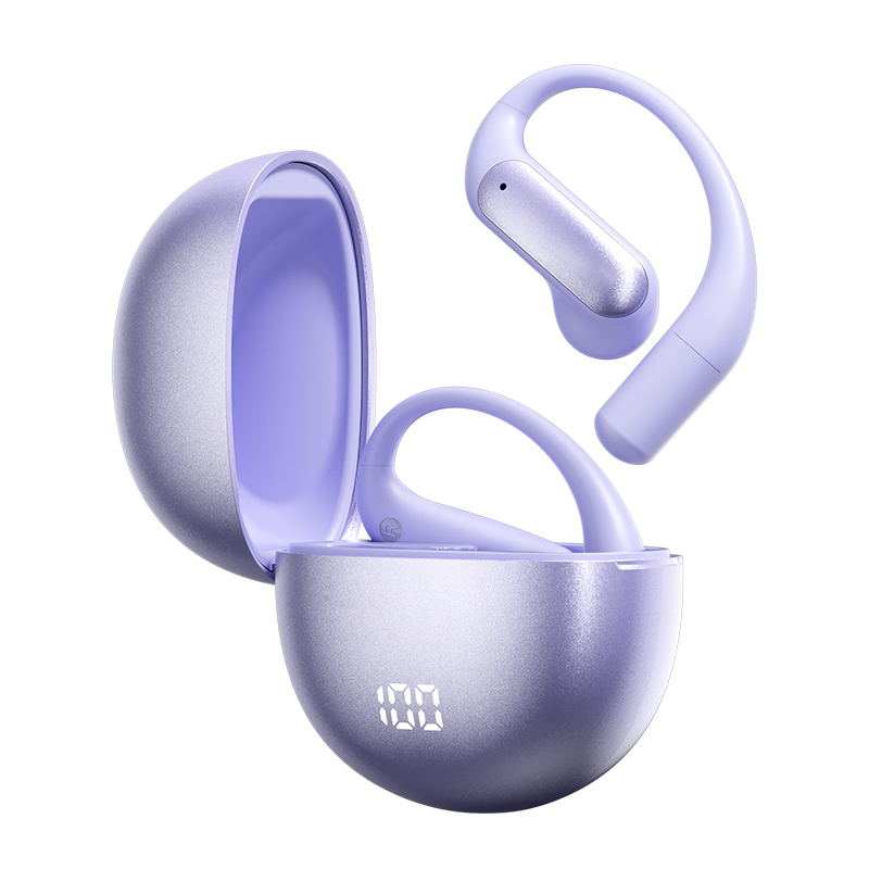 Fones de ouvido abertos ETEK OWS 40mAh de bateria, enquanto o estojo de carregamento abriga 500mAh de bateria protegida Preto Roxo Prata
