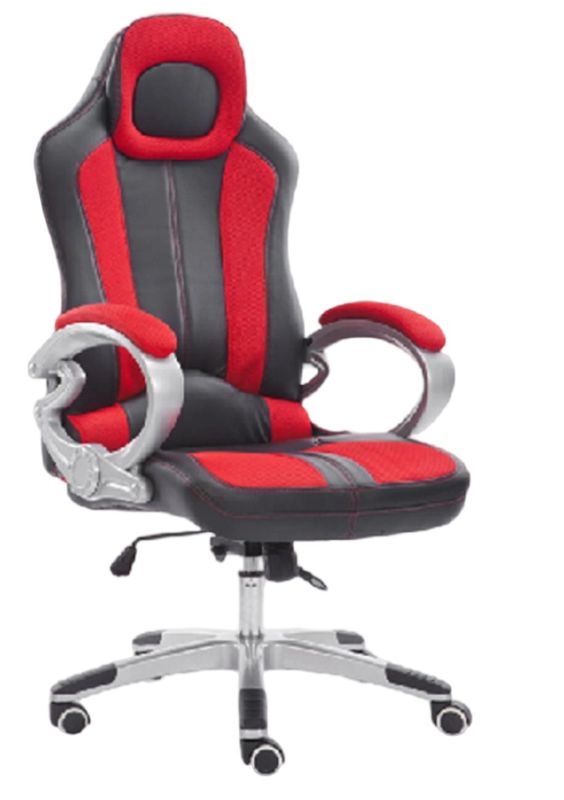 Cadeira Ergonómica Com Rodízios PU Base Revestida a Pó Elevador a Gás de 100mm Mecanismo de Inclinação Apoios de Braços em Malha Vermelha / Preta