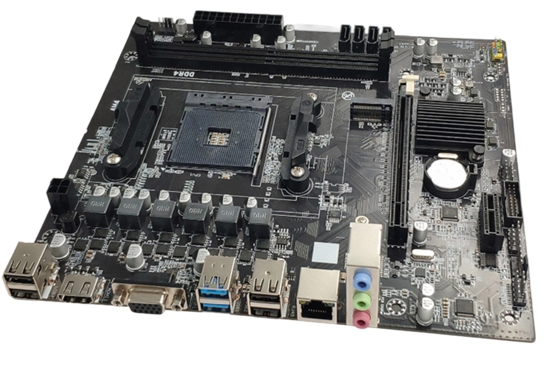 Placa-mãe M-ATX AM4 para CPUs Ryzen3/5 Slots DDR4 Duplos 4*Portas SATA3.0 Saídas VGA+HDMI e 3*Conectores de Áudio de 3,5mm