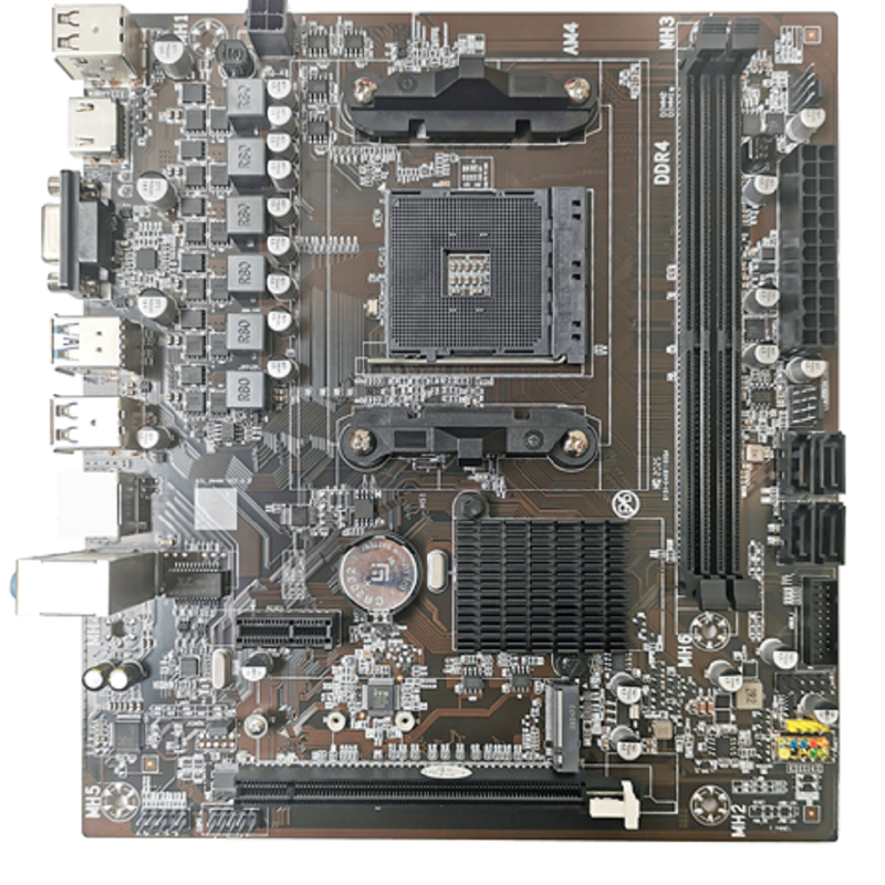 Placa-mãe M-ATX AM4 para CPUs Ryzen3/5 Slots DDR4 Duplos 4*Portas SATA3.0 Saídas VGA+HDMI e 3*Conectores de Áudio de 3,5mm