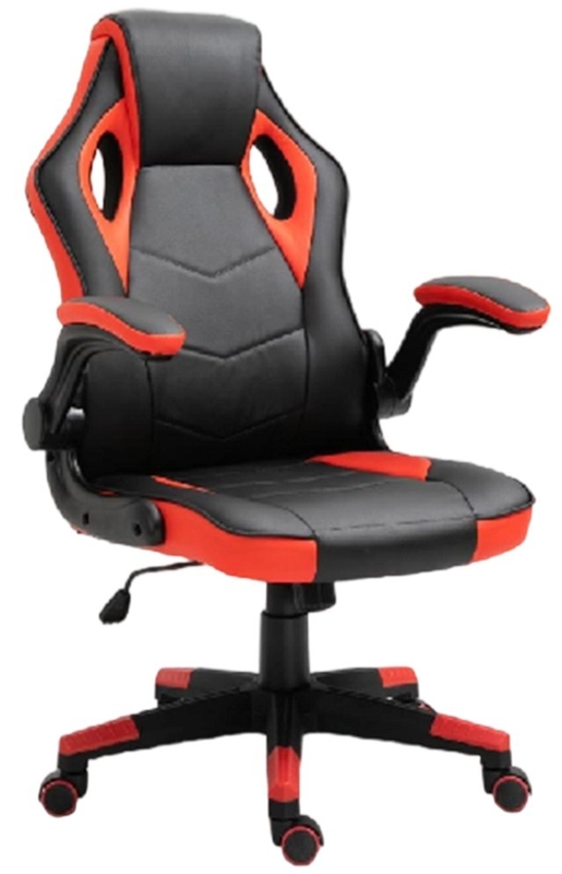 Cadeira de secretária ergonómica para jogos, base de nylon de 350 mm com rodízios de PU, elevação a gás de 100 mm e apoios de braços rebatíveis com acolchoamento de PU para suporte flexível