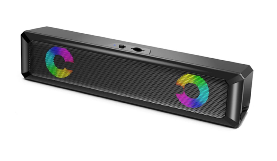 ETEK Soundbar apresenta drivers duplos de 2 polegadas, fornecendo 3W*2 RMS de saída. Inclui efeito de desvanecimento de luz e interruptor independente.