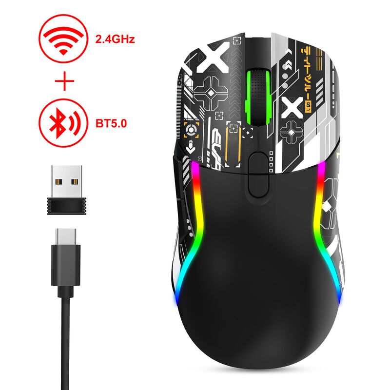 Mouse de jogos RGB sem fios de modo duplo,2.4G + Bluetooth, 3200 DPI, 8 botões, bateria de 600mAh, tipo-C recarregável, ABS, impressão a laser