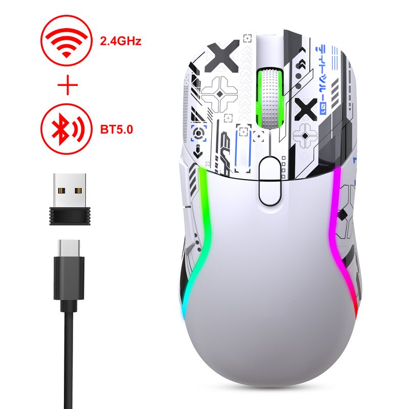 Mouse de jogos RGB sem fios de modo duplo,2.4G + Bluetooth, 3200 DPI, 8 botões, bateria de 600mAh, tipo-C recarregável, ABS, impressão a laser