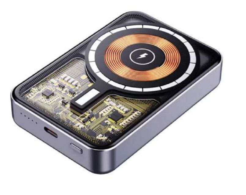 10000mAh Banco de Energia Mecha Transparente     22.5W com fio + 15W MagSafe-compatível Carregamento Magnético Sem Fio, Gunmetal, Base de Liga de Al, 94×63×17.5mm