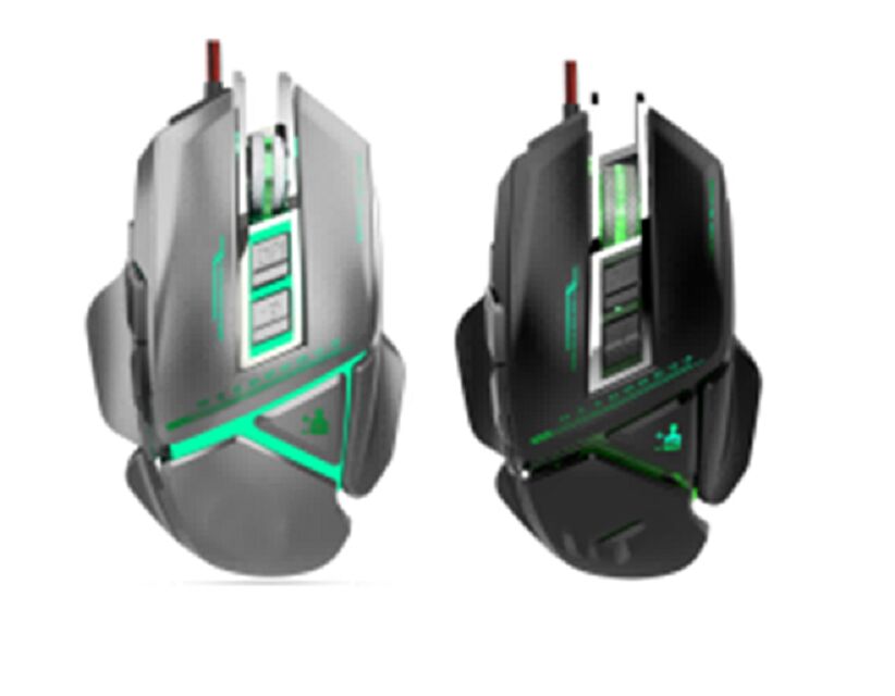 RGB Breathing Light Mouse de jogos com fio com ventilador ajustável, sensor 3050IC, 8 botões, 3200 DPI, 20M Click Life, preto/GUN