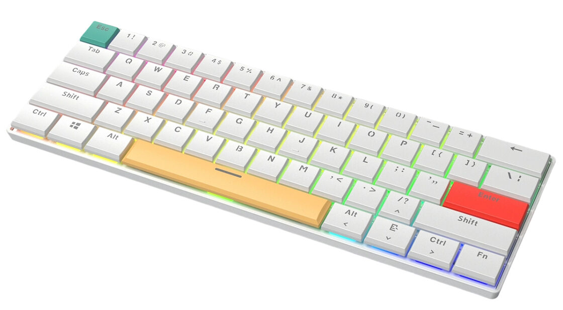 Teclado Mecânico RGB de 61 Teclas, 26KRO, Com Fio, Teclas Coloridas (Base Branca + Vermelho/Amarelo/Verde)