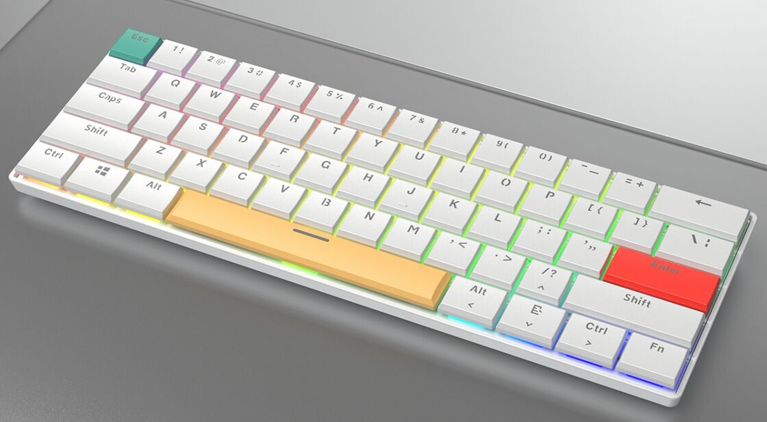Teclado Mecânico RGB de 61 Teclas, 26KRO, Com Fio, Teclas Coloridas (Base Branca + Vermelho/Amarelo/Verde)