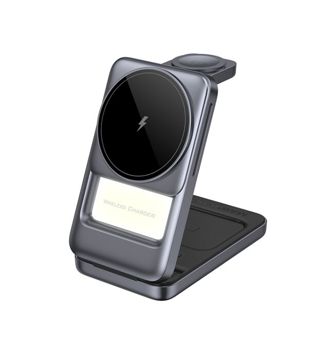 Carregador sem fio dobrável 3-em-1, Azul/Cinza, Prata/Cinza, Plástico+Metal, telefone de 15W, relógio de 2,5W, fones de ouvido de 5W, luz noturna