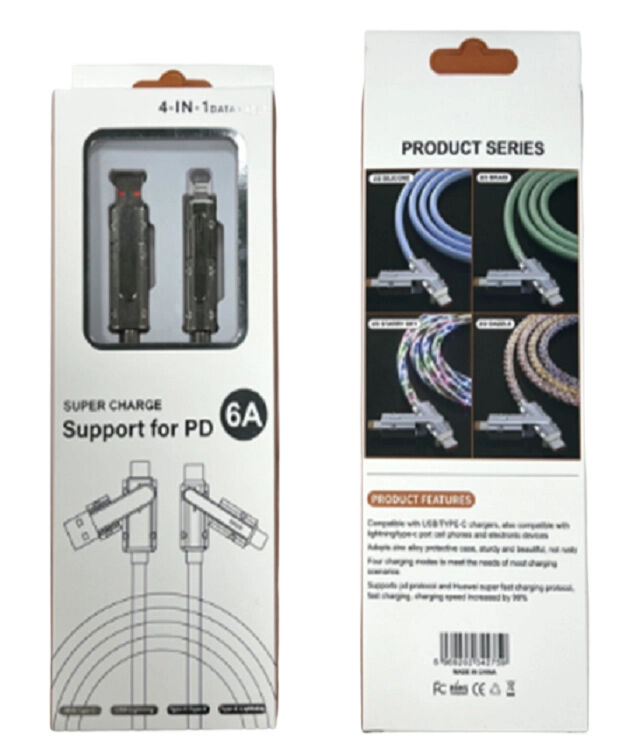 Cable de carregamento rápido transparente, 65W C-C, 27W C-L, 5-Core Copper, indicador LED