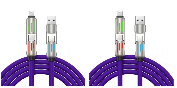 Cable de carregamento rápido de 50W com luz, C para C / C para relâmpago, cobre composto de 5 núcleos, conector de liga de zinco, roxo (cores personalizadas)