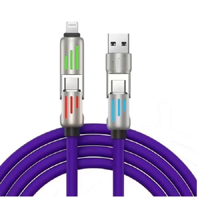 Cable de carregamento rápido de 50W com luz, C para C / C para relâmpago, cobre composto de 5 núcleos, conector de liga de zinco, roxo (cores personalizadas)