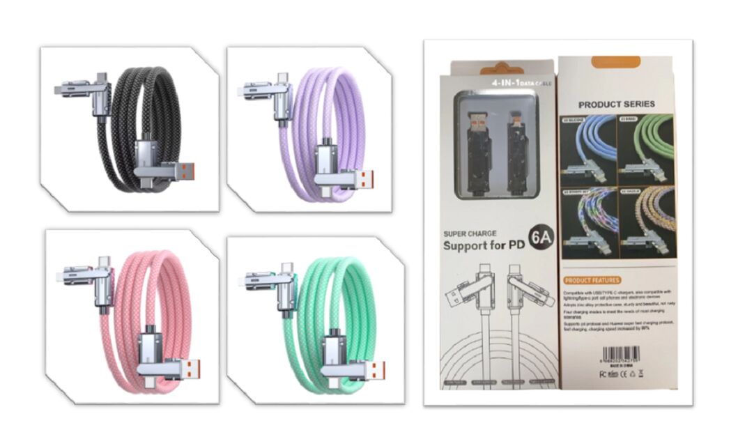 Cable de carregamento rápido de 65W, Nylon 48-Bread, liga de zinco, indicador LED, C-C 65W / C-L 27W, 4 cores - preto, rosa, verde, roxo